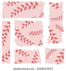 Conjunto de fitas washi vermelhas com padrão de folhas isolado no branco. Coleção de fitas Washi em vetor. Pedaços de fita decorativa para álbuns. Papel rasgado