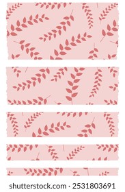 Set of red washi tapes with leaves pattern isolated on white. Washi tape collection in vector. Pieces of decorative tape for albums. Torn paper	