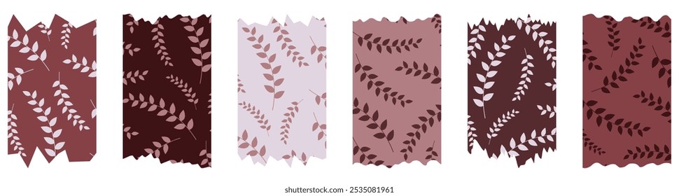 Set of red washi tapes with leaves pattern isolated on white. Tapes collection in vector. Pieces of decorative tape for albums. Burgundy torn paper