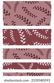 Set of red washi tapes with leaves pattern isolated on white. Tapes collection in vector. Pieces of decorative tape for albums. Burgundy torn paper