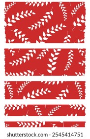 Set of red washi tapes with white leaves pattern isolated on white. Washi tape collection in vector. Pieces of decorative tape for albums. Torn paper