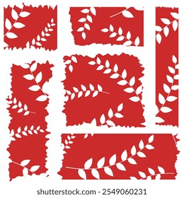 Set of red washi tapes with white leaves pattern isolated on white. Washi tape collection in vector. Pieces of decorative tape for albums. Torn paper