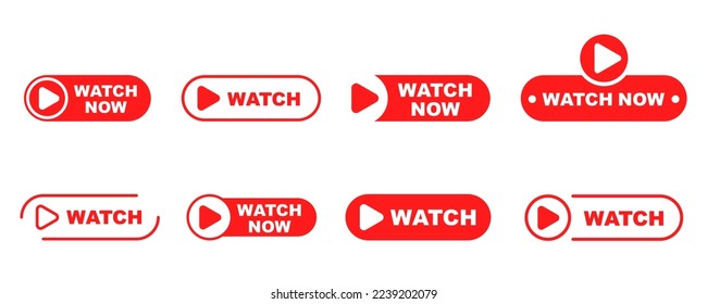 Set of red watch now buttons on white background. Play video now. Vector 10 Eps.