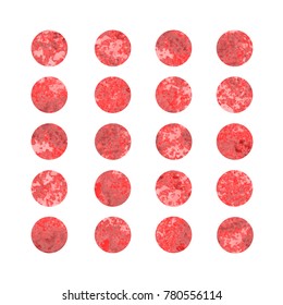 Set of red watercolor dots, labels and round shapes isolated on white background. Vector colorful elements for your design