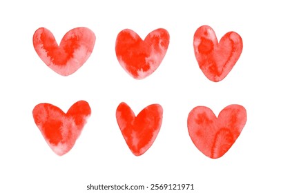 Set of red watercolor hearts. Hand drawn symbol of love. Isolated illustrations on white background for design of cards, banners for valentines day and more. Vector illustration