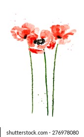 Set of red watercolor poppy flowers