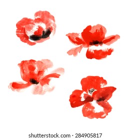 Set of red watercolor poppy flowers