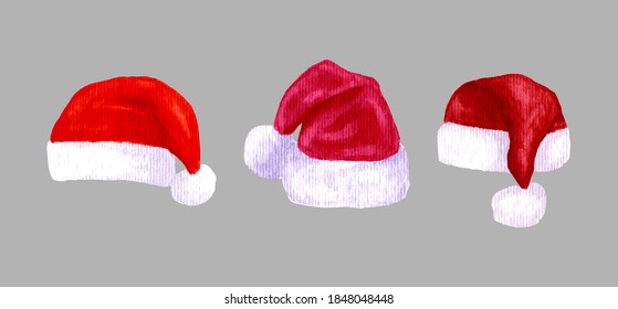 Set Red watercolor santa claus vector hat. Tracking illustration for new year and christmas isolated on white background. 2021.