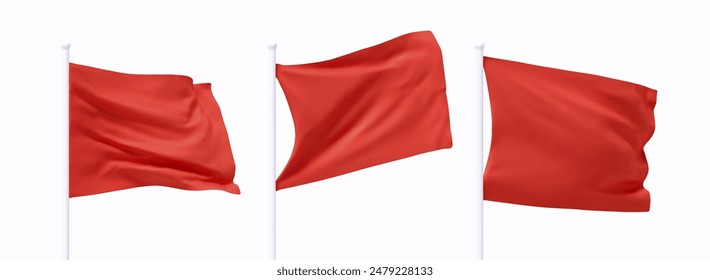 Set of Red waving flag on flagpole. Realistic 3d design flag flies on the wind on isolated white background. vector illustration