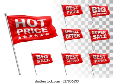Set of red waving flags with text for sale and promotion banner on transparent background.vector illustration eps 10