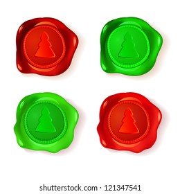 Set of red wax seal with  concave Christmas tree inside, vector illustration