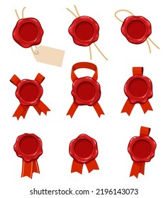 Conjunto de sellos de cera roja con cintas y cuerdas. Ilustración del vector