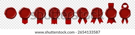 Set of Red Wax Seals with Ribbons – Realistic Stamp Badges on Transparent Background