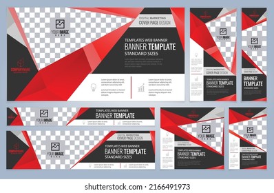 Conjunto de plantillas de banners Web rojos, tamaños estándar de cobertura con espacio. Ilustración del vector