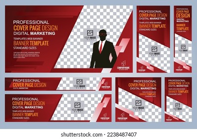 Conjunto de plantillas de banners Web rojos, tamaños estándar de cobertura con espacio. Ilustración del vector