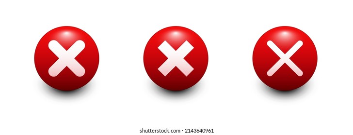 Set of red web icons Cancel. 3d Cross icon. White icons on red round 3d buttons. Vector clipart isolated on white background.