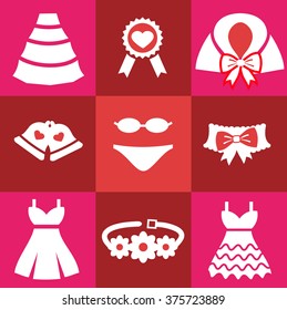 Set Red Wedding Icons. Bell, Dress, Garter, Wedding, Underwear, Coat, Cloak, Sash, Belt, Medal. Flat On Red Background.