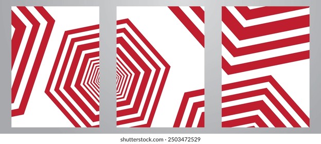 Set of red and white abstract geometric hexagon patterns