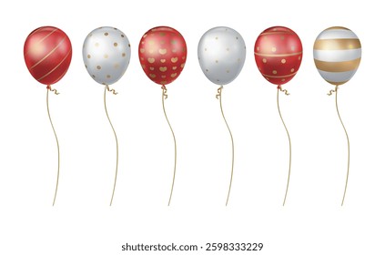 A set of red and white balloons with different patterns for holidays, parties, sales
