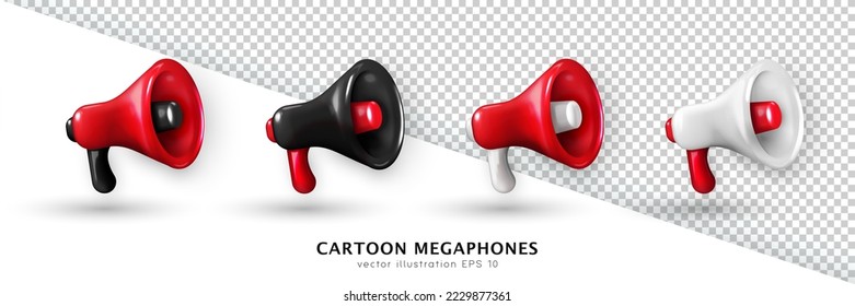 Set of red, white and black 3d megaphones isolated on white and transparent background. 3d rendering vector loudspeaker for announcement. Realistic portable bullhorn, loudhailer, speaking trumpet
