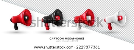Set of red, white and black 3d megaphones isolated on white and transparent background. 3d rendering vector loudspeaker for announcement. Realistic portable bullhorn, loudhailer, speaking trumpet