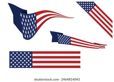 set of Red white blue american flag ribbon USA banner