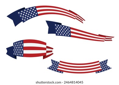 set of Red white blue american flag ribbon USA banner