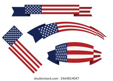 set of Red white blue american flag ribbon USA banner
