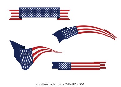 set of Red white blue american flag ribbon USA banner