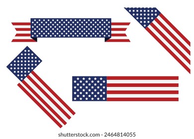 set of Red white blue american flag ribbon USA banner