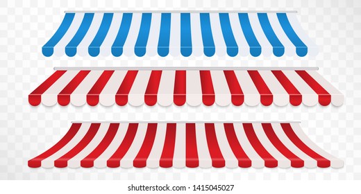 Set of red and white, blue and white strip colorful awnings for shop. Tent sunshade for market isolated on white background. Vector illustration