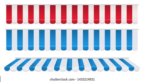 Set of red and white, blue and white strip colorful awnings for shop. Tent sunshade for market isolated on white background. Vector illustration