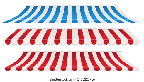 Set of red and white, blue and white strip colorful awnings for shop. Tent sunshade for market isolated on white background. Vector illustration