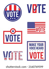 A set of red, white, and blue, VOTE icons and badges for an American election vector illustration.