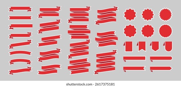 Set of Red with White Border Ribbon Banners, Bookmarks, round Badge and Labels - Flat Design Illustration	