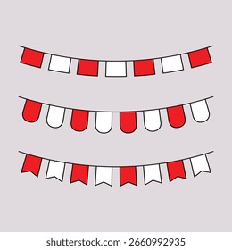 Set of red and white bunting flags in various shapes for Indonesian Independence Day celebration. Vector EPS file suitable for banners, posters, and festive designs.