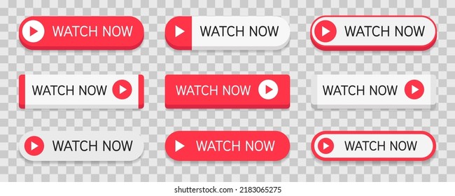 Set of red and white buttons with text watch now isolated on transparent background. Vector illustration.