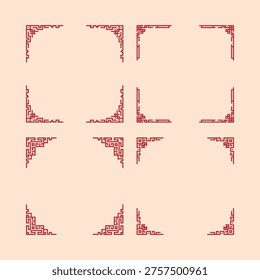 A set of red and white Chinese-style brackets. The brackets are arranged in a grid, with some overlapping and others standing alone. Scene is elegant and sophisticated, with the red