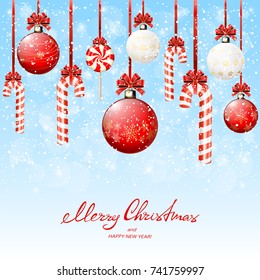 Set of red and white Christmas balls and candy canes with bow on blue snowy background with snowflakes, illustration.