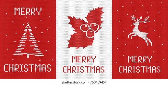 Set of red and white Christmas knitted cards knitted styling. Vector illustration. EPS 8 vector file organized in layers for easy editing.