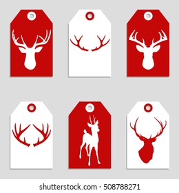 Set of red and white Christmas and New Year gift tags with deer and antlers. Vector illustration eps 8