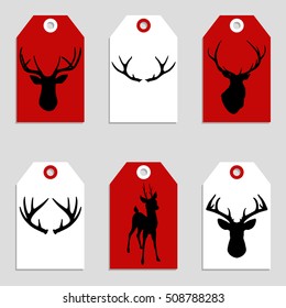 Set of red and white Christmas and New Year gift tags with deer and antlers. Vector illustration eps 8