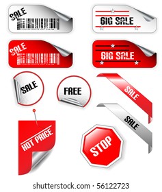 Set of red and white discount tickets labels   stickers corners tags -Vector