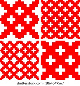 A set of red and white folk ornaments for decoration of holidays, clothing and fabric design, as well as use in printed products