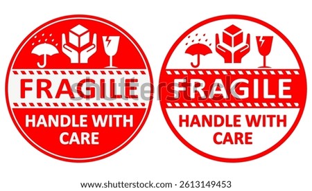 Set of red and white fragile handle with care stickers featuring umbrella, broken glass, and hands holding box icons, vector illustrations for shipping safety and packaging labels.