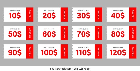 Set of Red and White Gift Voucher Coupons with Different Dollar Amounts from $10 to $120, Isolated on Gray Background, Editable Printable Discount Tags, Loyalty or Promotional Cards