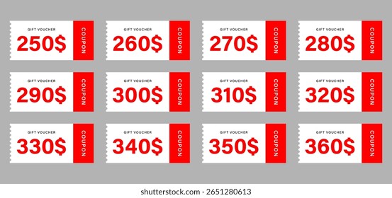 Set of Red and White Gift Voucher Coupons with Different Dollar Amounts from $250 to $360, Isolated on Gray Background, Editable Printable Discount Tags, Loyalty or Promotional Cards