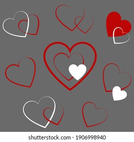 Set red white heart variety thickness line, for greeting card project. Creative hearts collection template vector illustration. Valentines day love heart symbols.