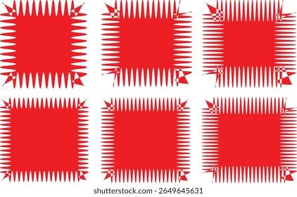 conjunto de corações vermelhos e brancos Zig zag forma de borda. Retângulo irregular, círculo, elementos ovais definidos. Adesivos em ziguezague. Elementos de design gráfico vermelho para decoração, banner, cartaz, modelo, adesivo, crachá, etiqueta