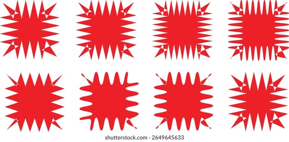 conjunto de corações vermelhos e brancos Zig zag forma de borda. Retângulo irregular, círculo, elementos ovais definidos. Adesivos em ziguezague. Elementos de design gráfico vermelho para decoração, banner, cartaz, modelo, adesivo, crachá, etiqueta